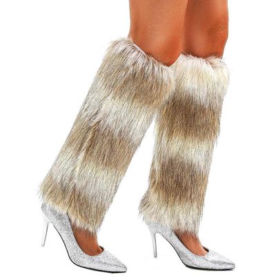 delaodola Faux Fur Leg Warmers,Warm Winter Furry Long Boot Covers,Party Costume for Women (White Coffee)