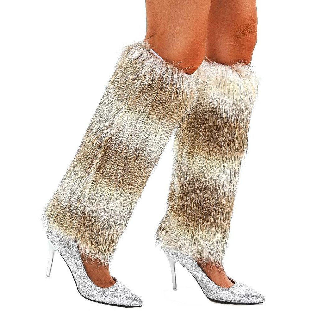 delaodola Faux Fur Leg Warmers,Warm Winter Furry Long Boot Covers,Party Costume for Women (White Coffee)