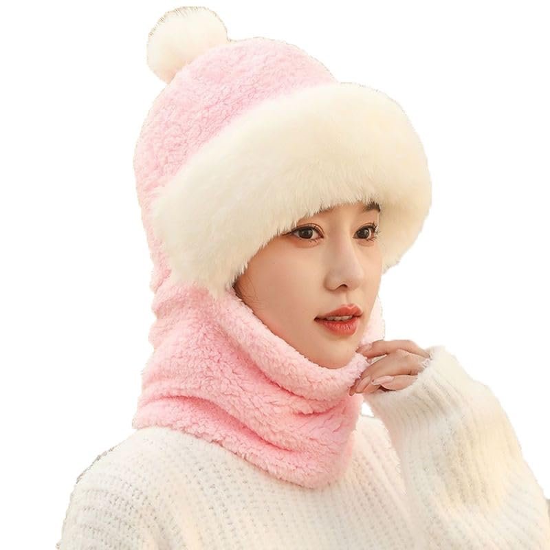 Women Winter One-Piece Beanie Hat Cute Slouchy Faux Sherpa Balaclavas Full-Face Mask Neck Scarf Set Outdoor Ski Hats Pink