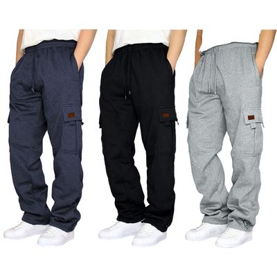 3 Pack Cargo Sweatpants for Men, Open Bottom Sweat Pants with Pockets Straight Leg Fleece Baggy Sweatpants Lounge Pants Trousers