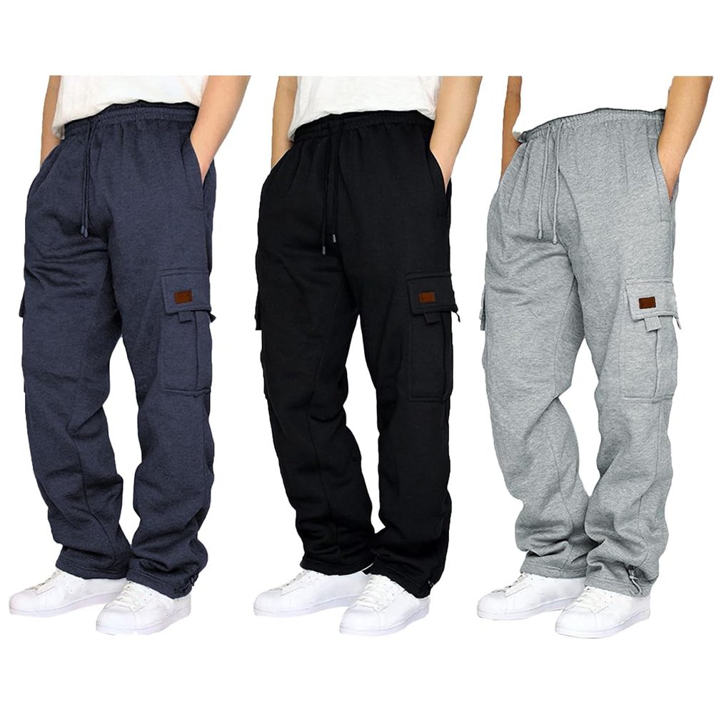 3 Pack Cargo Sweatpants for Men, Open Bottom Sweat Pants with Pockets Straight Leg Fleece Baggy Sweatpants Lounge Pants Trousers