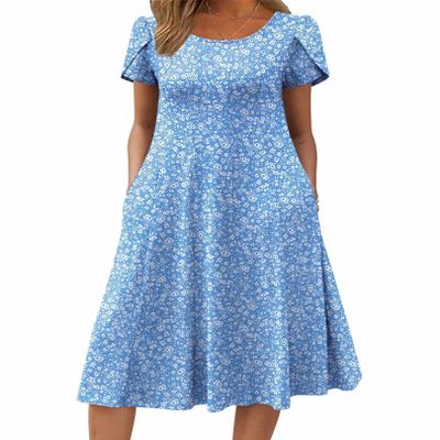 Zeagoo Summer Midi Dresses for Women 2026 Floral Sundresses A-Line Midi Flowy Dress Short Sleeve Tropical Dress, Light Blue Floral,XL