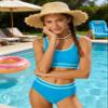 Girls Bathing Suit Size 8-10 Girls Swimsuit Double Strap Blue High Waist Cute Sporty Bikini Swimsuit Beach Swim Cover Up Skirt 3 Piece Kid Swimwear Set view 3