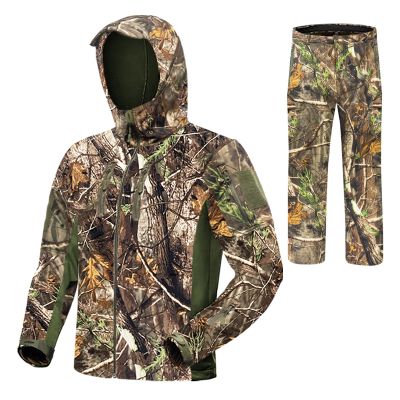 FOYKUED Hunting Clothes for Men with 13 Pockets, Warm & Water-Resistant Hunting Jacket & Pants (Fleece Lining,Camo)