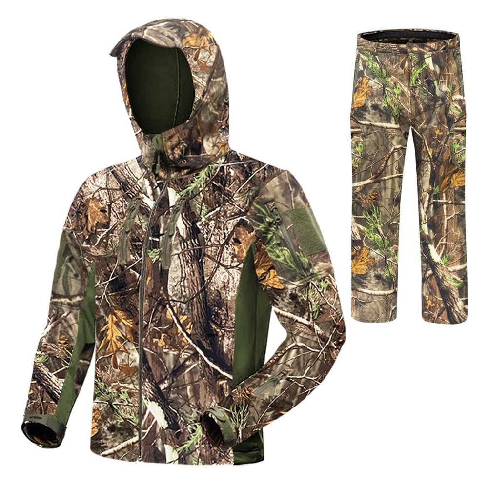 FOYKUED Hunting Clothes for Men with 13 Pockets, Warm & Water-Resistant Hunting Jacket & Pants (Fleece Lining,Camo)