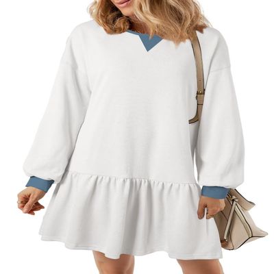 BLENCOT Mini Dress for Women 2025 Fall Winter Cute Patchwork Long Sleeve Ruffled Crewneck Sweatshirt Dresses Casual Sport Pullover Tops Color Block White Small