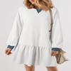 BLENCOT Mini Dress for Women 2025 Fall Winter Cute Patchwork Long Sleeve Ruffled Crewneck Sweatshirt Dresses Casual Sport Pullover Tops Color Block White Small view 2