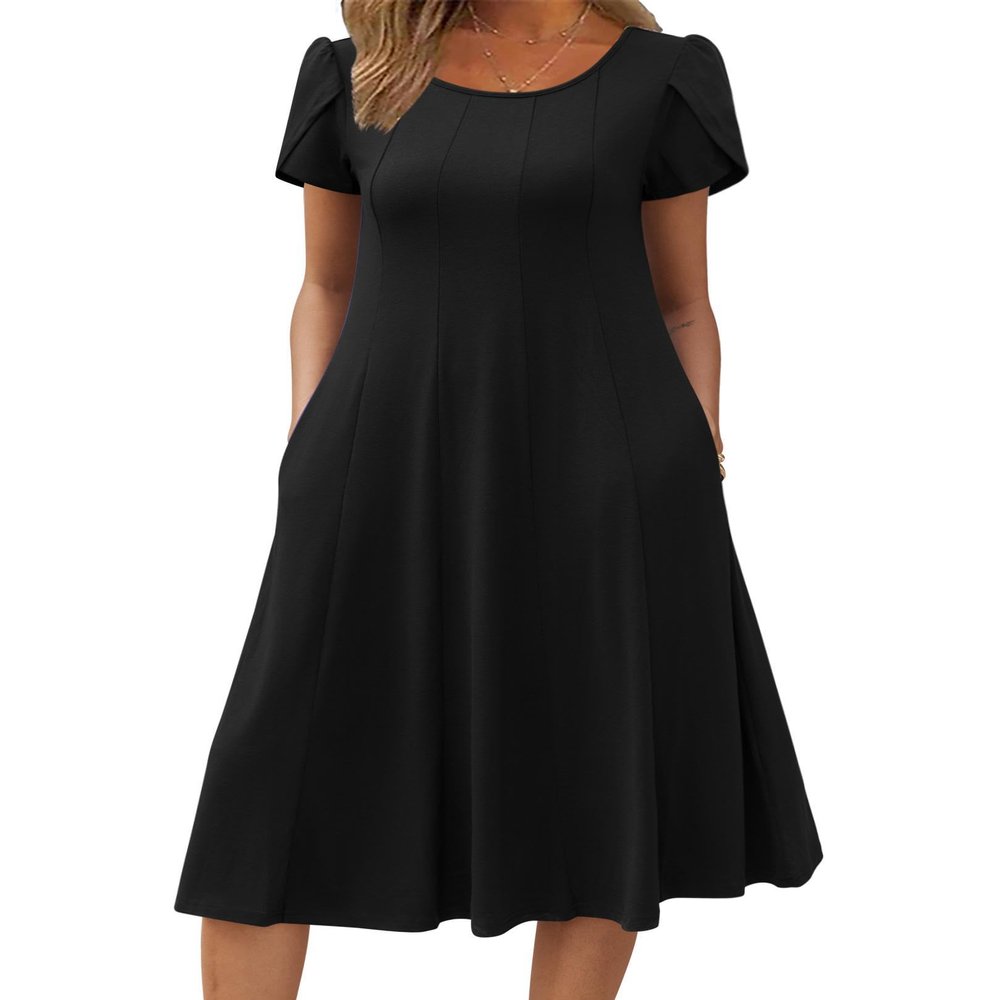 Zeagoo Plus Size Summer Dress for Women Causal Tshirt Dress with Pockets Pleated Midi Dress Loose Boho Beach Sundress, A-Black,XXL