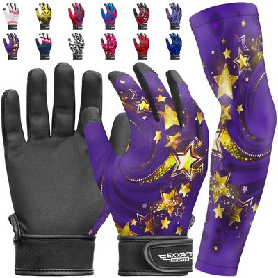 Exxact Sports Youth Batting Gloves with Arm Sleeve for Boys & Girls, Kids Baseball Batting Gloves for Softball, T-Ball (Youth S/M, Purple Gold Stars)