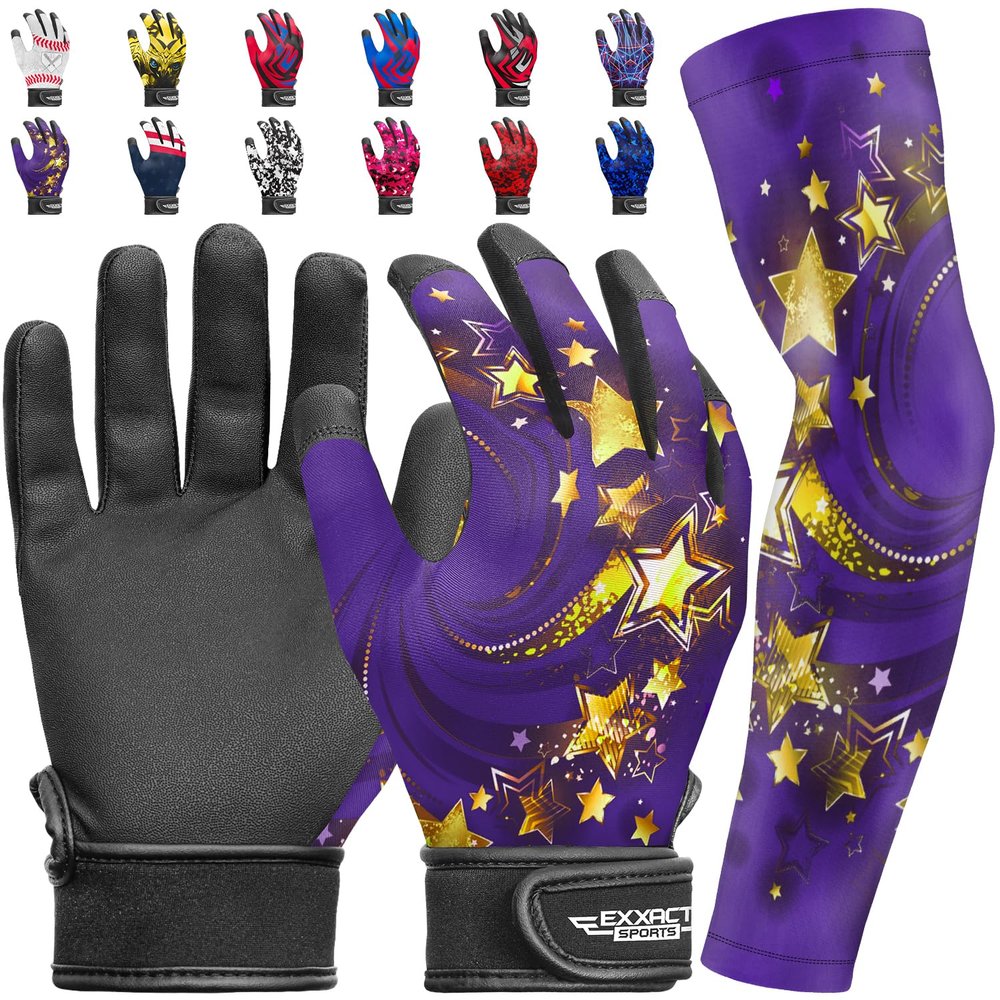 Exxact Sports Youth Batting Gloves with Arm Sleeve for Boys & Girls, Kids Baseball Batting Gloves for Softball, T-Ball (Youth S/M, Purple Gold Stars)
