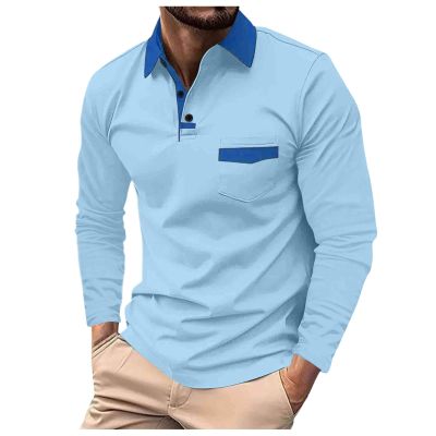 Men's Casual Polo Shirts Classic Long Sleeve Basic Button T-Shirt Lightweight Golf Tops with Pocket Blue