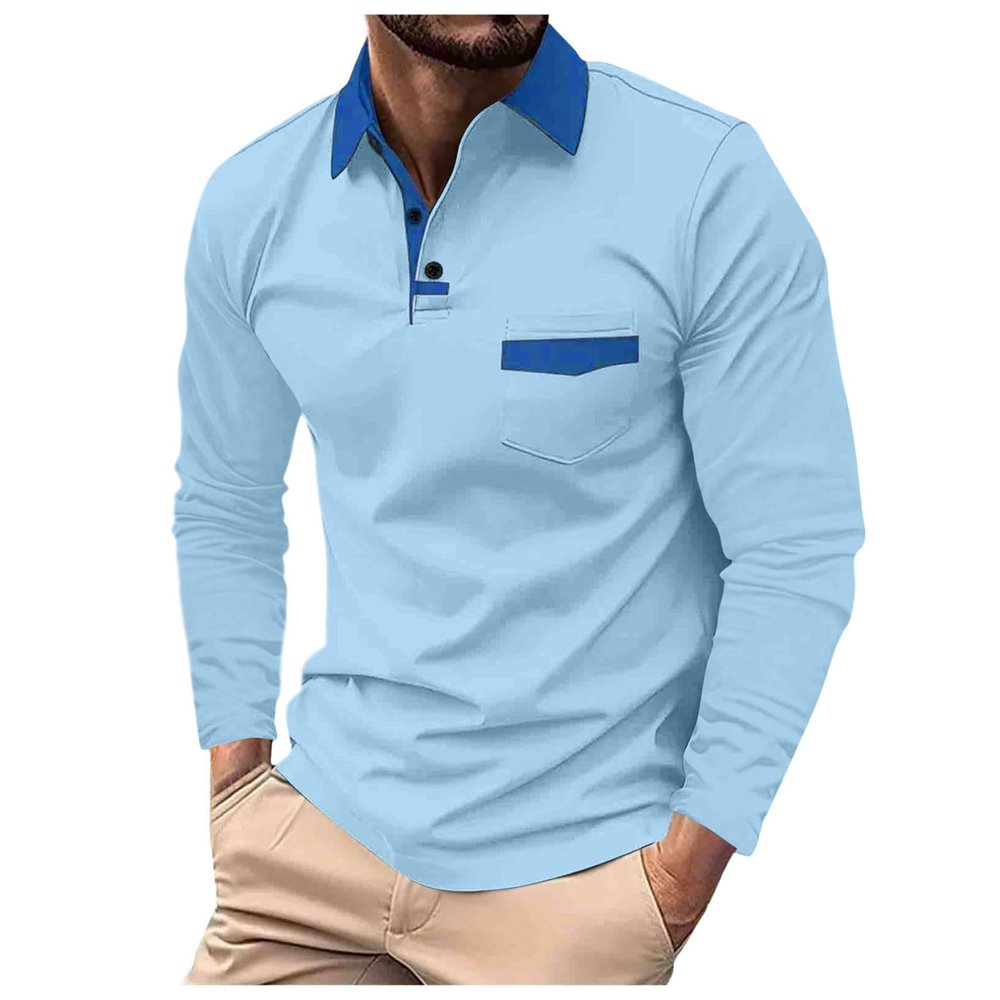 Men's Casual Polo Shirts Classic Long Sleeve Basic Button T-Shirt Lightweight Golf Tops with Pocket Blue