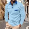 Men's Casual Polo Shirts Classic Long Sleeve Basic Button T-Shirt Lightweight Golf Tops with Pocket Blue view 3