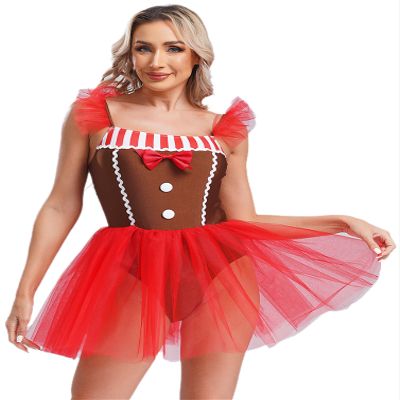 winying Women Christmas Dance Costume Gingerbread Man Costume Fly Sleeve Cami Dress Figure Skating Leotard Brown XX-Large