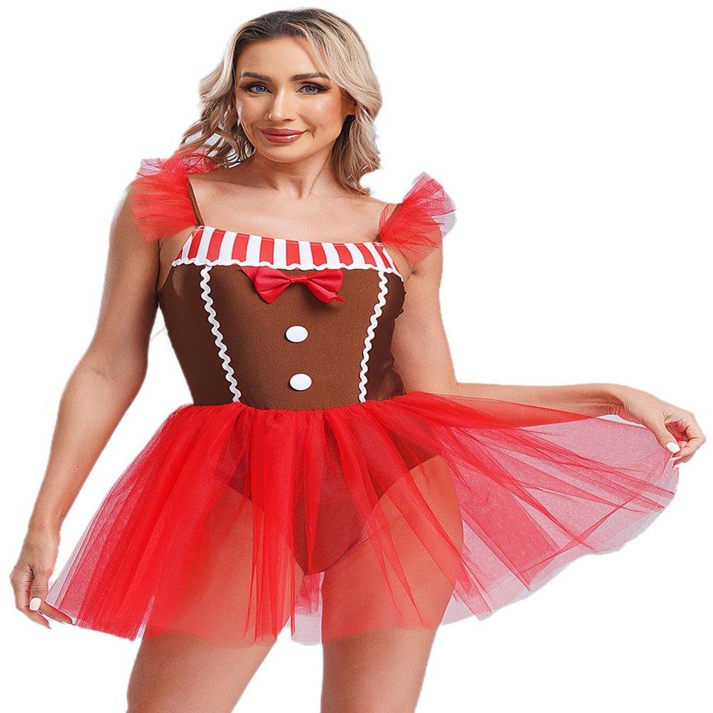 winying Women Christmas Dance Costume Gingerbread Man Costume Fly Sleeve Cami Dress Figure Skating Leotard Brown XX-Large