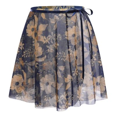 AFAVOM Women's Ballet Dance Skirt - Adult Dancewear Floral Sheer Mesh Ballerina Tie Waist Over Scarf Tutu - Skate Gymnastics Chiffon Dress Wear - Navy Blue S