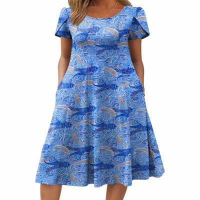 Zeagoo Midi Dresses for Women Ethnic Dress Short Sleeve Flare Dresses Round Neck T-Shirts Dress Floral A-Line Sundress, Cashew Blue Print,L