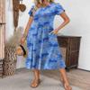 Zeagoo Midi Dresses for Women Ethnic Dress Short Sleeve Flare Dresses Round Neck T-Shirts Dress Floral A-Line Sundress, Cashew Blue Print,L view 2