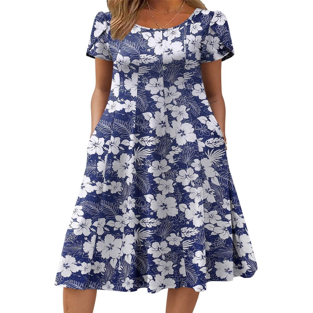 Zeagoo Summer Flowy Dresses for Women Short Sleeve Midi Dresses Short Sleeve Long Dress Casual 2025 Floral Sundress, Deep Blue Flower,XL