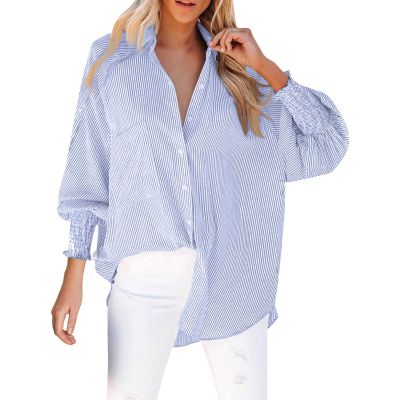 Women's Striped Button Down Shirts Puff Sleeve Oversized Blouses Boyfriends Loose Tunics Business Work Tops?Blue, M
