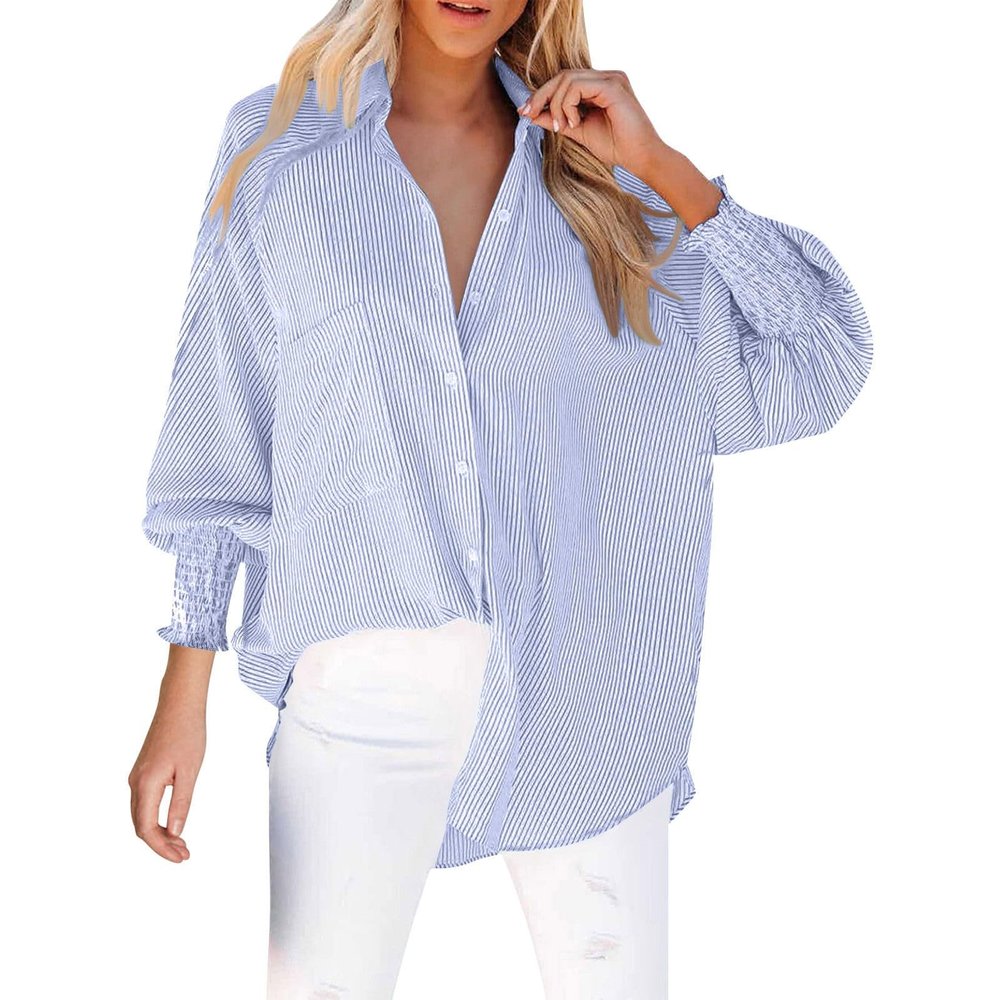 Women's Striped Button Down Shirts Puff Sleeve Oversized Blouses Boyfriends Loose Tunics Business Work Tops?Blue, M
