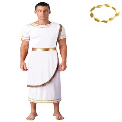 LiiYii Toga Costume for Mens Ancient Greek God Togas Halloween Party Roman Short Sleeves Robe with Wreath White Small