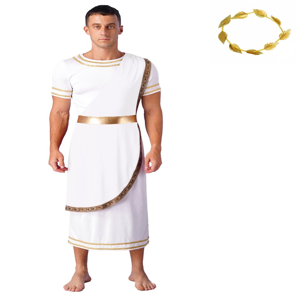 LiiYii Toga Costume for Mens Ancient Greek God Togas Halloween Party Roman Short Sleeves Robe with Wreath White Small