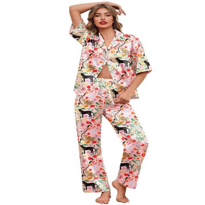 Ekouaer Silk Satin Pajamas Set Women Short Sleeve Pj Sets Button Down Sleepwear 2 Piece Soft Loungewear,Pink Tiger,XL