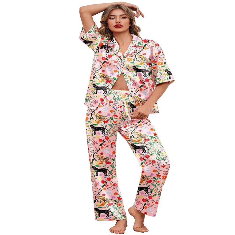 Ekouaer Silk Satin Pajamas Set Women Short Sleeve Pj Sets Button Down Sleepwear 2 Piece Soft Loungewear,Pink Tiger,XL