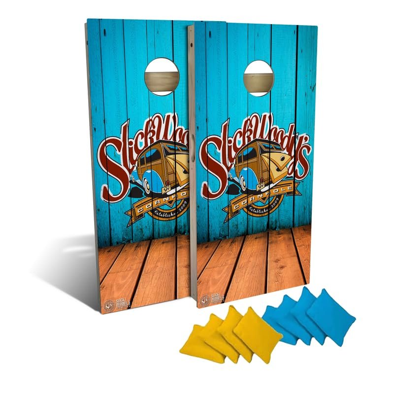 Slick Woody's Professional-Grade Cornhole Boards - 4'x2' Solid Wood Regulation Woodgrain Flag Corn Hole Toss Game with 8 Resin Filled Bags