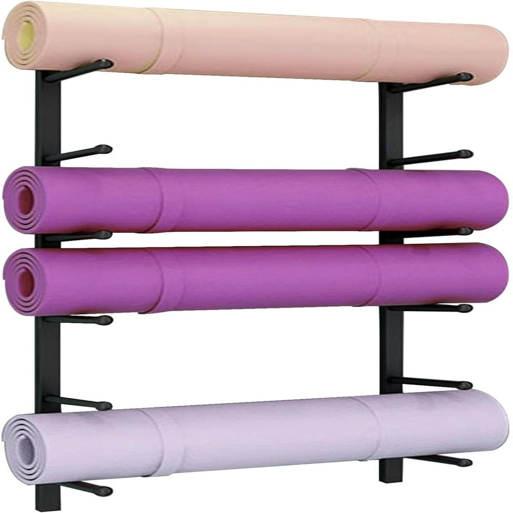LGEOELIAS Yoga Mat Wall Holder Metal, Foam Roller Organizer & Hanging Exercise Mats Storage Rack, Workout Equipment Wall Mount Shelf 6/9 Tier for Home Gym School Commercial