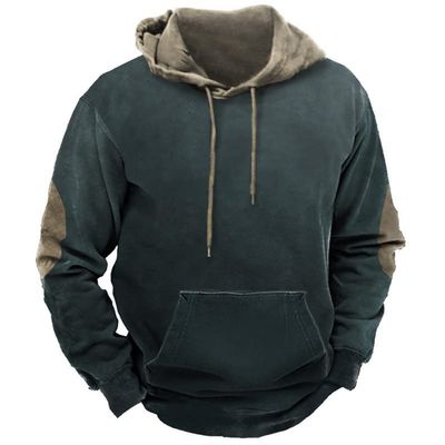 Akklian Vintage Fleece Hoodies for Men, Mens Fall Fashion Patchwork Sweatshirts Casual Drawstring Tops Pullover with Pockets