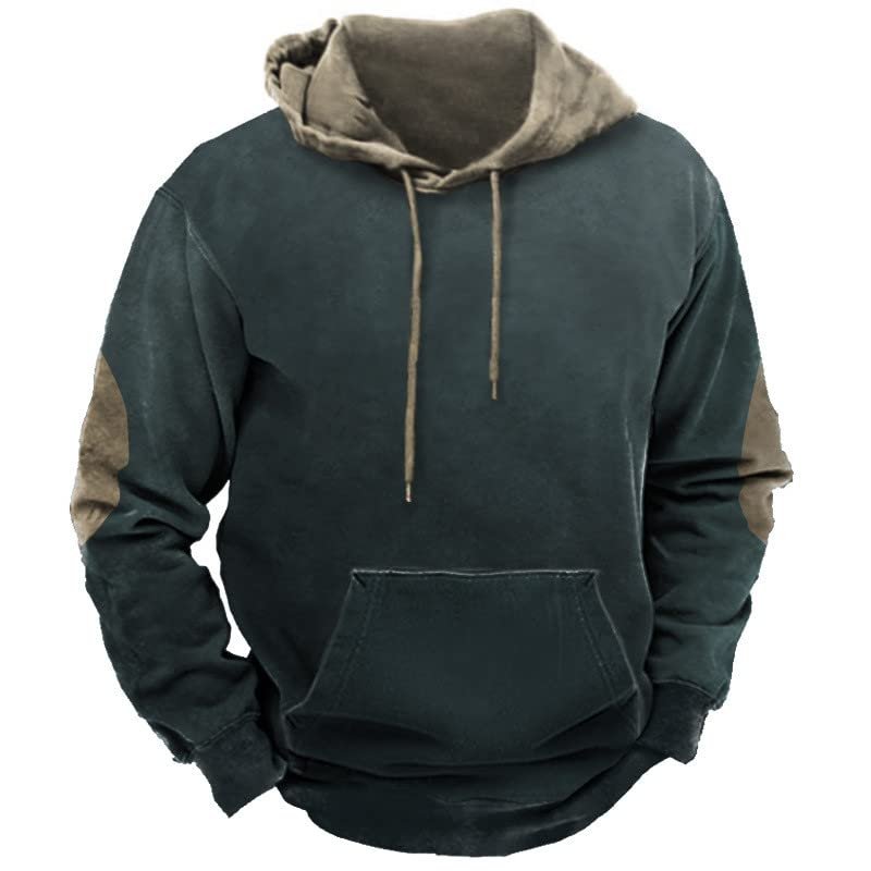 Akklian Vintage Fleece Hoodies for Men, Mens Fall Fashion Patchwork Sweatshirts Casual Drawstring Tops Pullover with Pockets