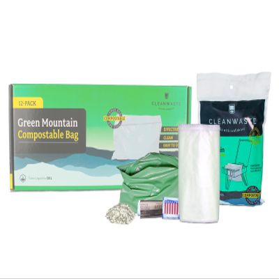 Cleanwaste Green Mountain Compostable Portable Toilet Bag (12 Pack) - No Leaks - Gelling Poo Powder with Odor Control, Handwipe & Toilet Paper (Camping, Hiking, Outdoor)