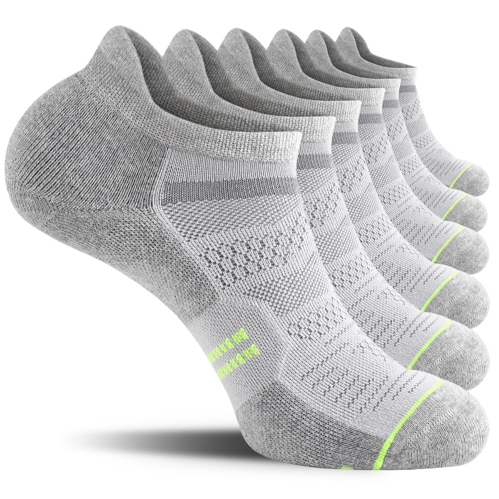 CS CELERSPORT 6 Pack Men's Running Ankle Socks with Cushion, Low Cut Athletic Sport Tab Socks, Grey + Green, Shoe Size: 9-12