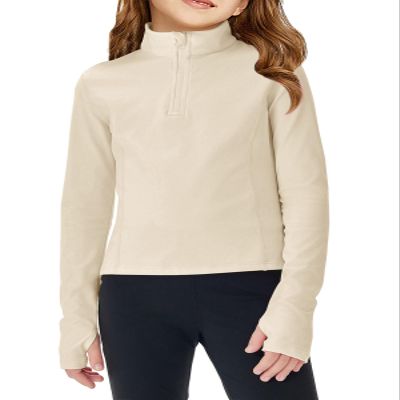 Haloumoning Girls Half Zip Pullover Sweatshirt Long Sleeve Workout Shirts Mock Neck Athletic Cropped Tops Beige