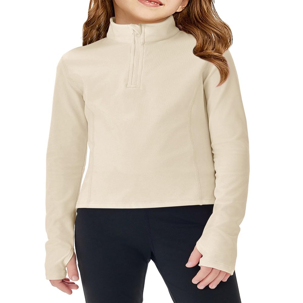 Haloumoning Girls Half Zip Pullover Sweatshirt Long Sleeve Workout Shirts Mock Neck Athletic Cropped Tops Beige