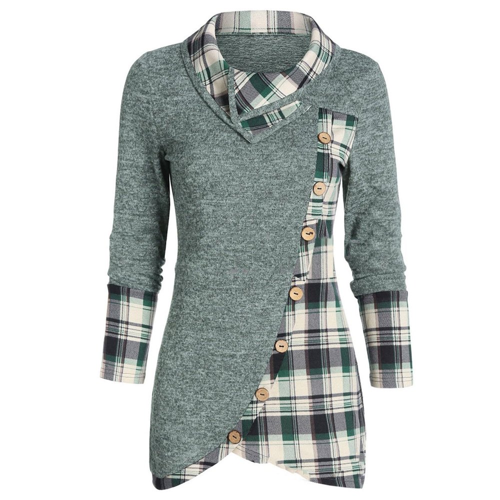 Women's Long Sleeve Button Cowl Neck Plaid Asymmetrical Hem Casual Splicing Shirts Tunic Top Blouse, 1b-White, 3X-Large