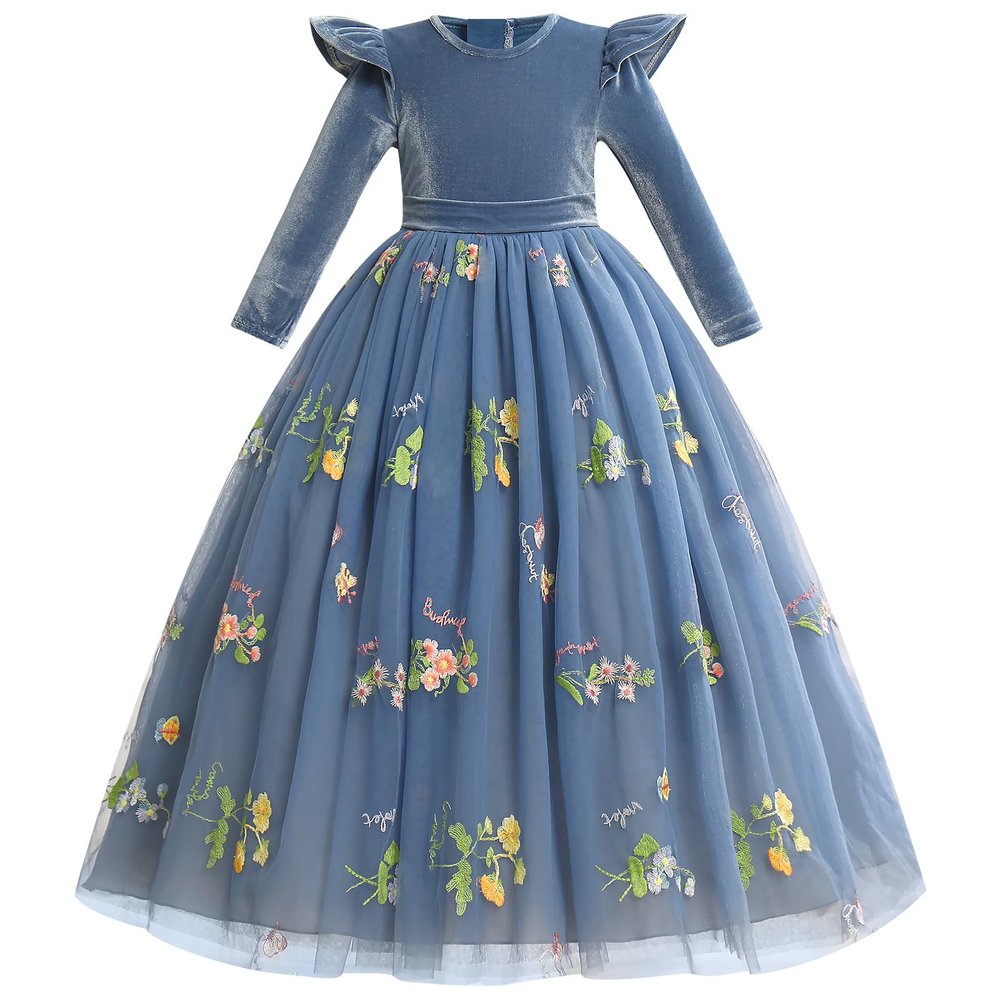 AFAVOM Girls Velvet Dress Floral Embroidery Flower Girl Dress for Wedding Toddler Winter Long Sleeve Formal Dress Kids Fall Christmas Tutu Dress Tea Party Princess Pageant Dress Blue 3-4 Years