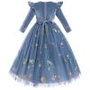AFAVOM Girls Velvet Dress Floral Embroidery Flower Girl Dress for Wedding Toddler Winter Long Sleeve Formal Dress Kids Fall Christmas Tutu Dress Tea Party Princess Pageant Dress Blue 3-4 Years view 2