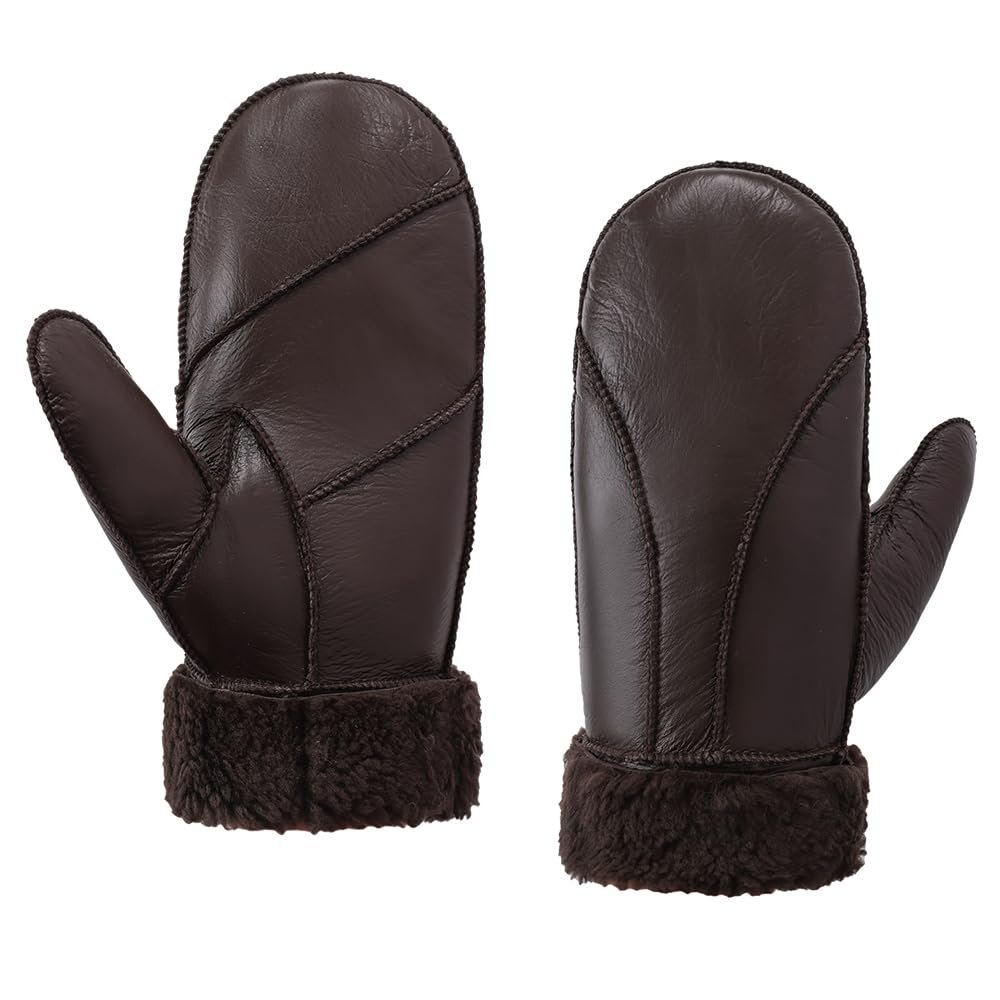 MGGMOKAY Women Leather Mittens Shearling Sheepskin Fur Lined Winter Mitten Gloves,Brown,XL