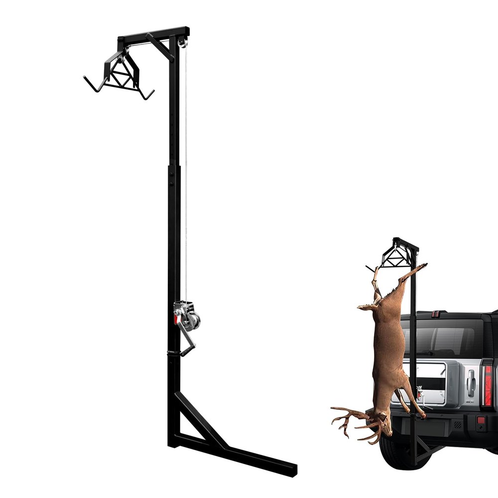 Lemoeyes Hitch Mounted Deer Hoist, 500lbs Capacity Hitch Game Hoist, 360 Rotatable Truck Deer Hoist with Winch Lift and Gambrel Set, 74-102" Adjustable Height