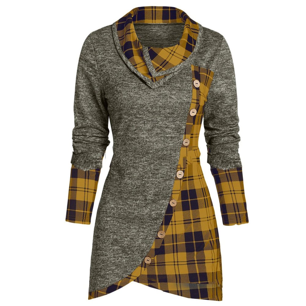 Women's Long Sleeve Button Cowl Neck Plaid Asymmetrical Hem Casual Splicing Shirts Tunic Top Blouse?1B-Yellow, XXXXL