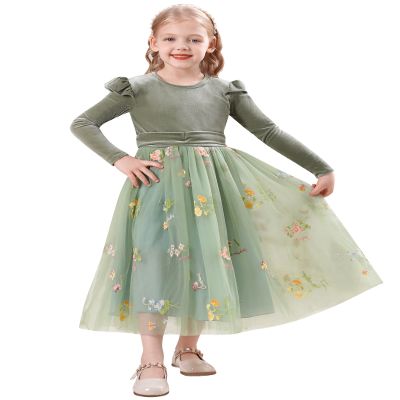 AFAVOM Toddler Girls Velvet Dress Floral Embroidery Flower Girl Dress Wedding Winter Long Sleeve Formal Dress Kids Fall Christmas Tutu Dress Tea Party Princess Pageant Tulle Dress Green 7-8 Years