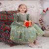 AFAVOM Toddler Girls Velvet Dress Floral Embroidery Flower Girl Dress Wedding Winter Long Sleeve Formal Dress Kids Fall Christmas Tutu Dress Tea Party Princess Pageant Tulle Dress Green 7-8 Years view 2