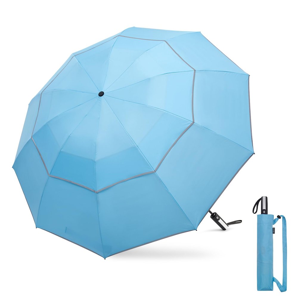 G4Free 54 Inch Windproof Inverted Umbrella with Reflective Stripe, Large Compact Reverse Golf Travel Umbrella for Rain 10 Ribs Double Canopy Automatic Open Close(Sky Blue)