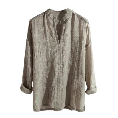 Men Chinese Style Solid Color Loose V-Neck Long Sleeve Pullover Tops Breathable Casual Shirt Apricot M