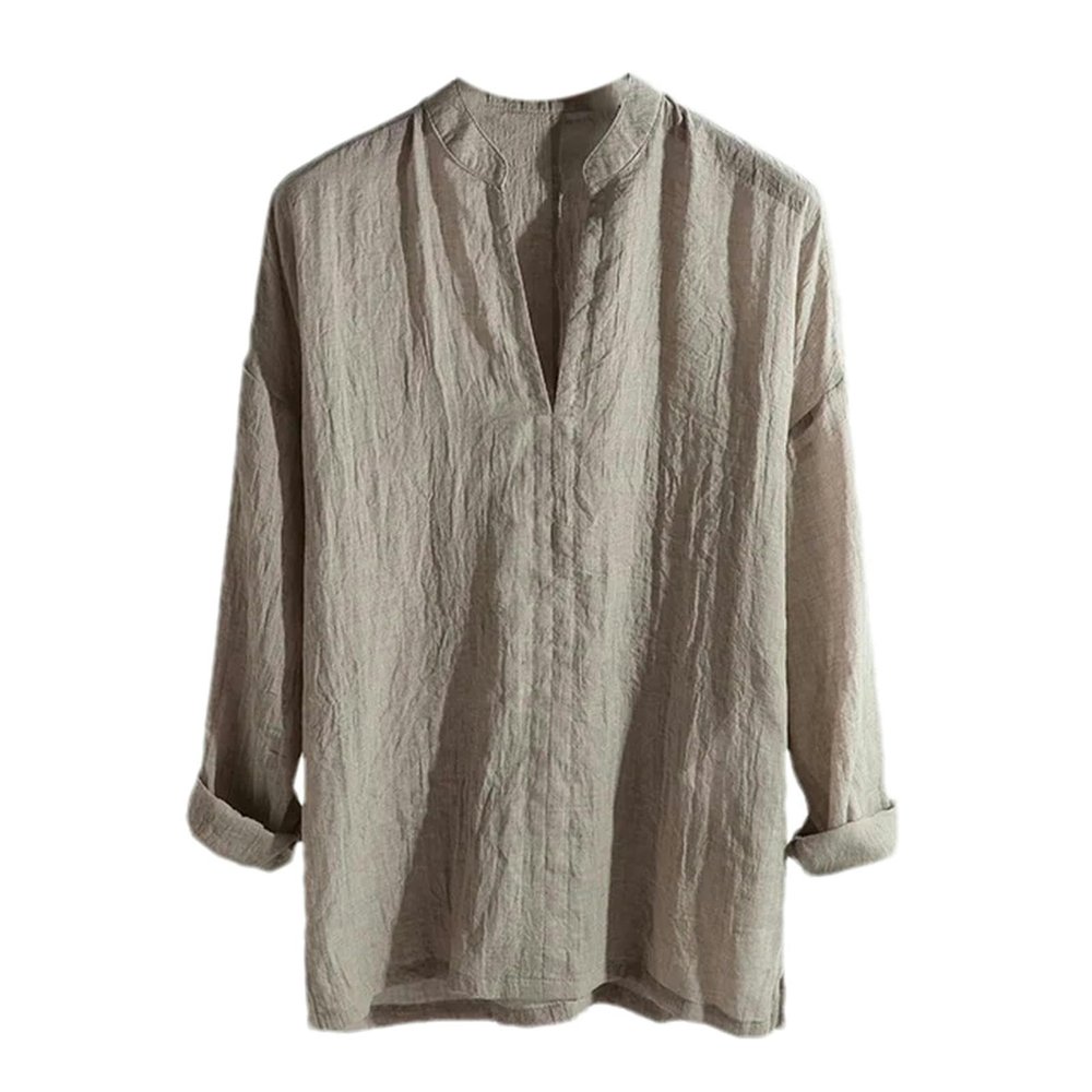 Men Chinese Style Solid Color Loose V-Neck Long Sleeve Pullover Tops Breathable Casual Shirt Apricot M