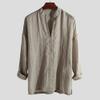 Men Chinese Style Solid Color Loose V-Neck Long Sleeve Pullover Tops Breathable Casual Shirt Apricot M view 3