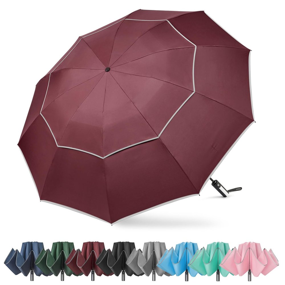 G4Free 54 Inch Windproof Inverted Umbrella with Reflective Stripe, Large Compact Reverse Golf Travel Umbrella for Rain 10 Ribs Double Canopy Automatic Open Close(Burgundy)